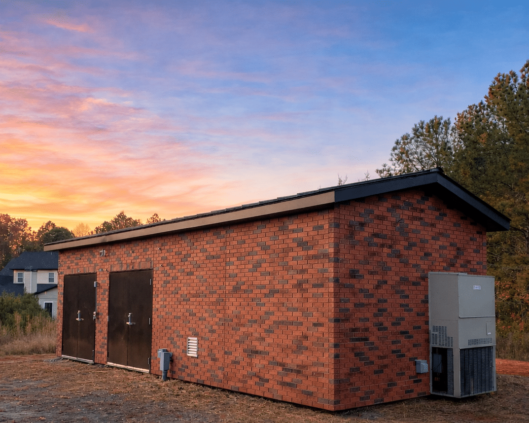 AquaPak Modular Water Booster An installed water booster modular building. The building has a red mixed brick exterior.