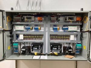 Panel opened up to show the inside wiring.