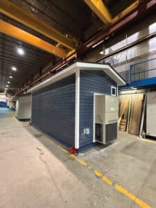 Blue exterior building in factory.